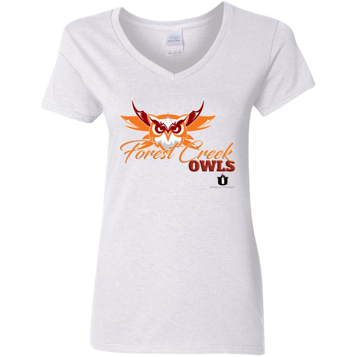 Mythical University Ladies' 5.3 oz. V-Neck T-Shirt (Forest Creek Owls)