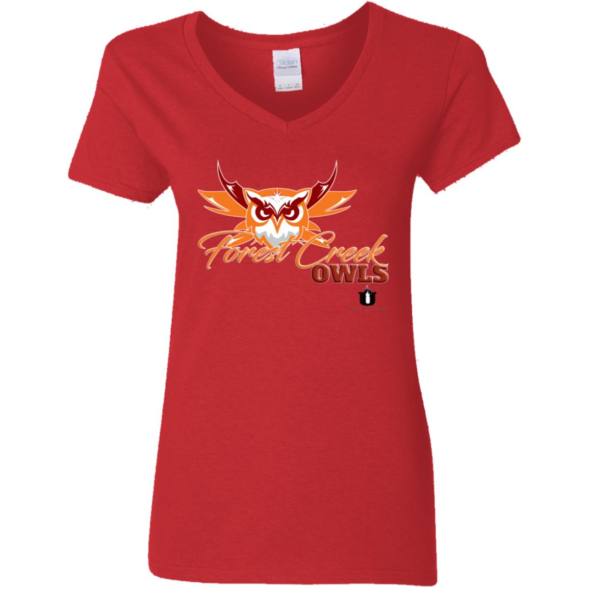 Mythical University Ladies' 5.3 oz. V-Neck T-Shirt (Forest Creek Owls)