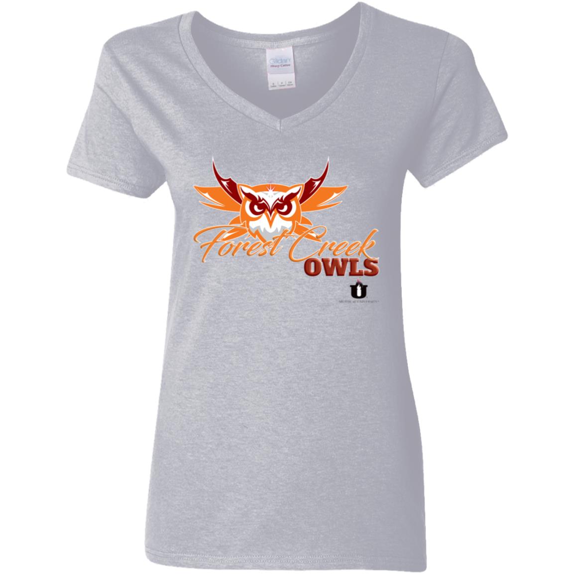 Mythical University Ladies' 5.3 oz. V-Neck T-Shirt (Forest Creek Owls)