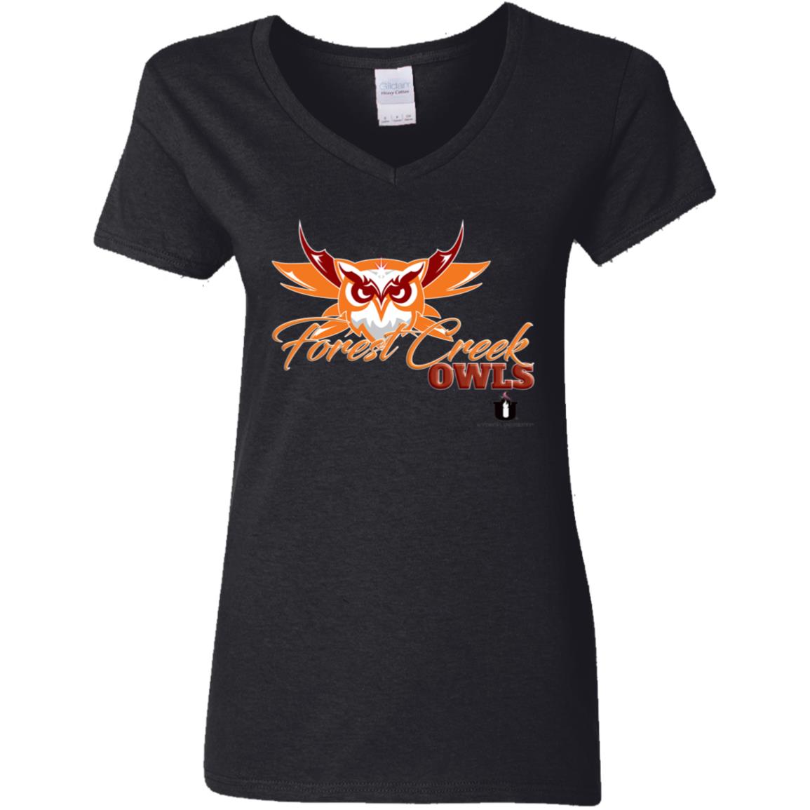 Mythical University Ladies' 5.3 oz. V-Neck T-Shirt (Forest Creek Owls)